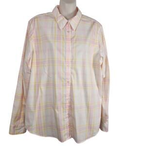 Chaps Women Shirt Non Iron Pink White Plaid Button Up Long Sleeve XL Traditional